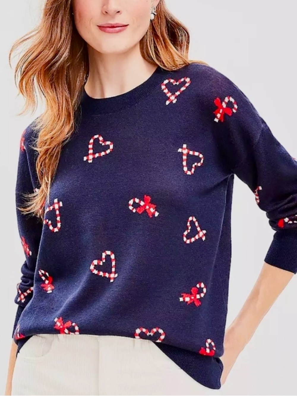 LOFT Navy Crewneck Sweater with Red & White Heart and Candy Cane Motifs